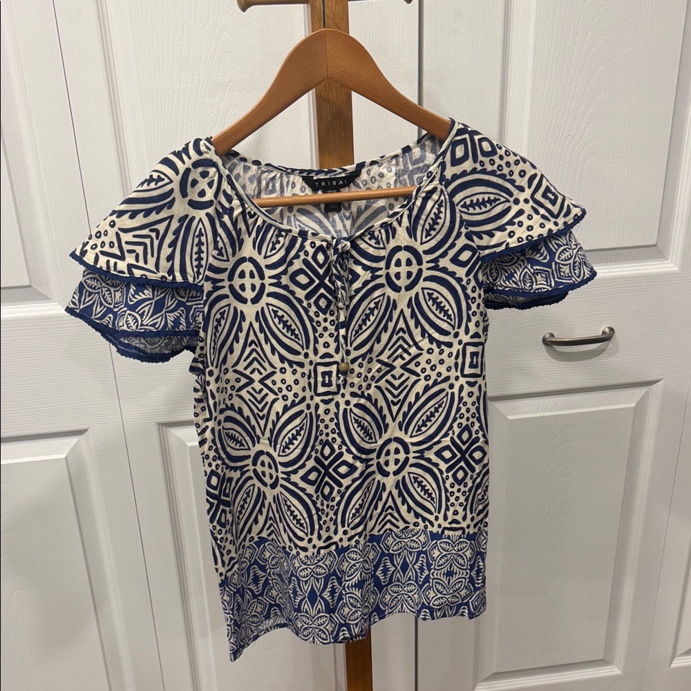 Tribal Blue and Cream Patterned Blouse